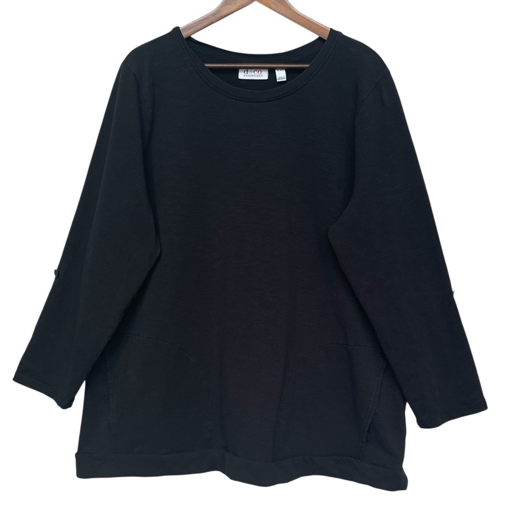 D & Co Essentials Pocket Tunic Top Roll-Up Sleeve‎ Casual Comfy Black XLP